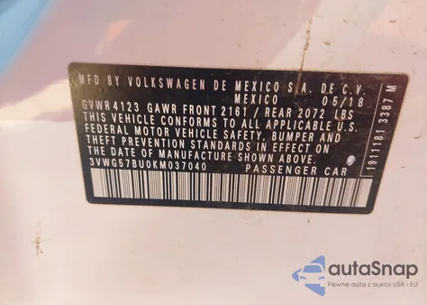 2019 Volkswagen Jetta 1.4T Sel Premium z USA, uszkodzony, nr VIN 3VWG57BU0KM037040